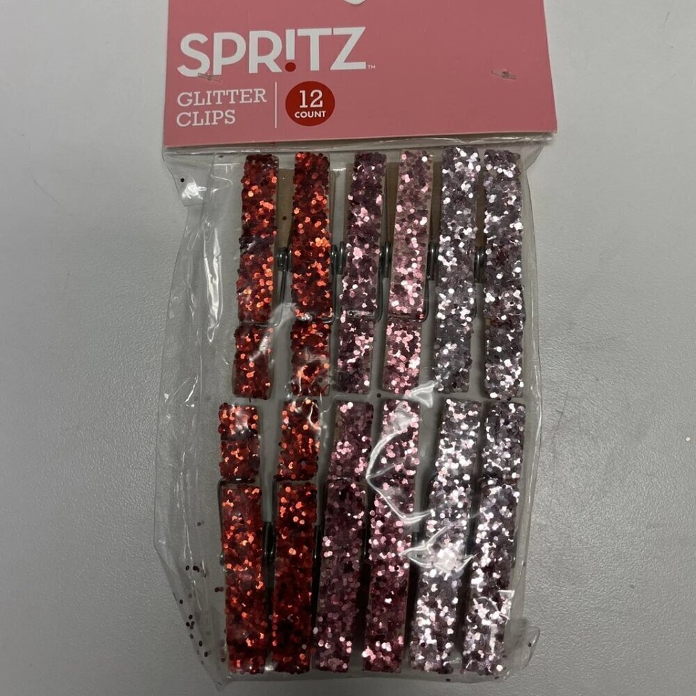 NWT - Spritz Glitter Clips Clothespins 2.5" Embellishments Pink Red 12 Pieces